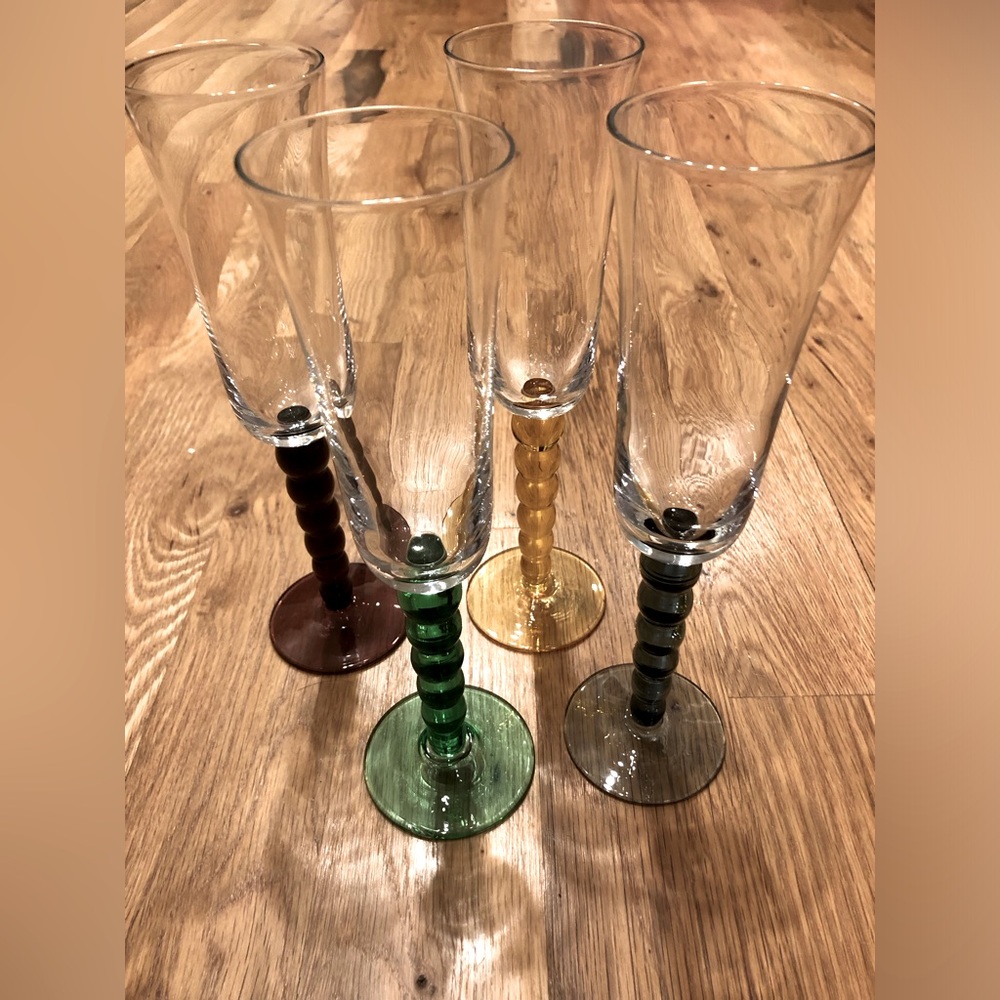 Vintage Glass Champagne Flutes with Amethyst Bubble Stacked Bead Stems set of 4